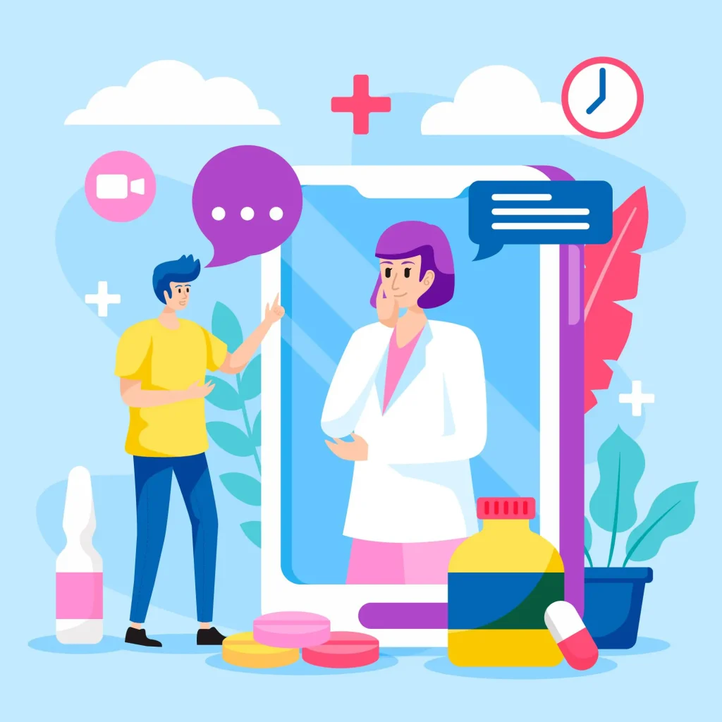 شخص يتحدث مع طبيب عبر تطبيق على الهاتف، مع أدوات طبية وأدوية حوله، يرمز إلى دعم رعاية ما قبل وما بعد الجراحة.