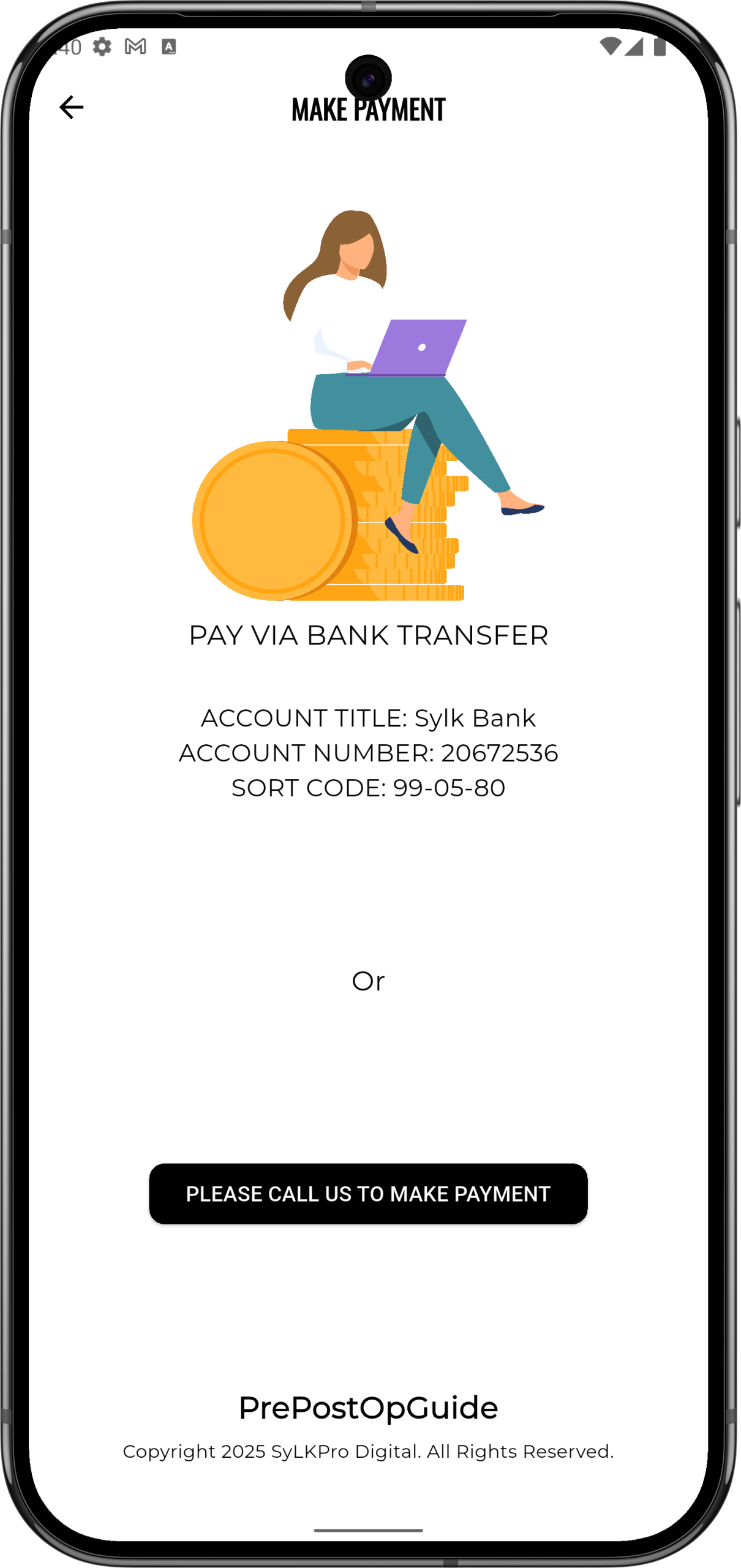 شخص يجلس على كومة من النقود الرقمية، يستخدم حاسوب محمول، مع نص يوضح كيفية الدفع عبر التحويل البنكي، ضمن واجهة تطبيق PrePostOpGuide.