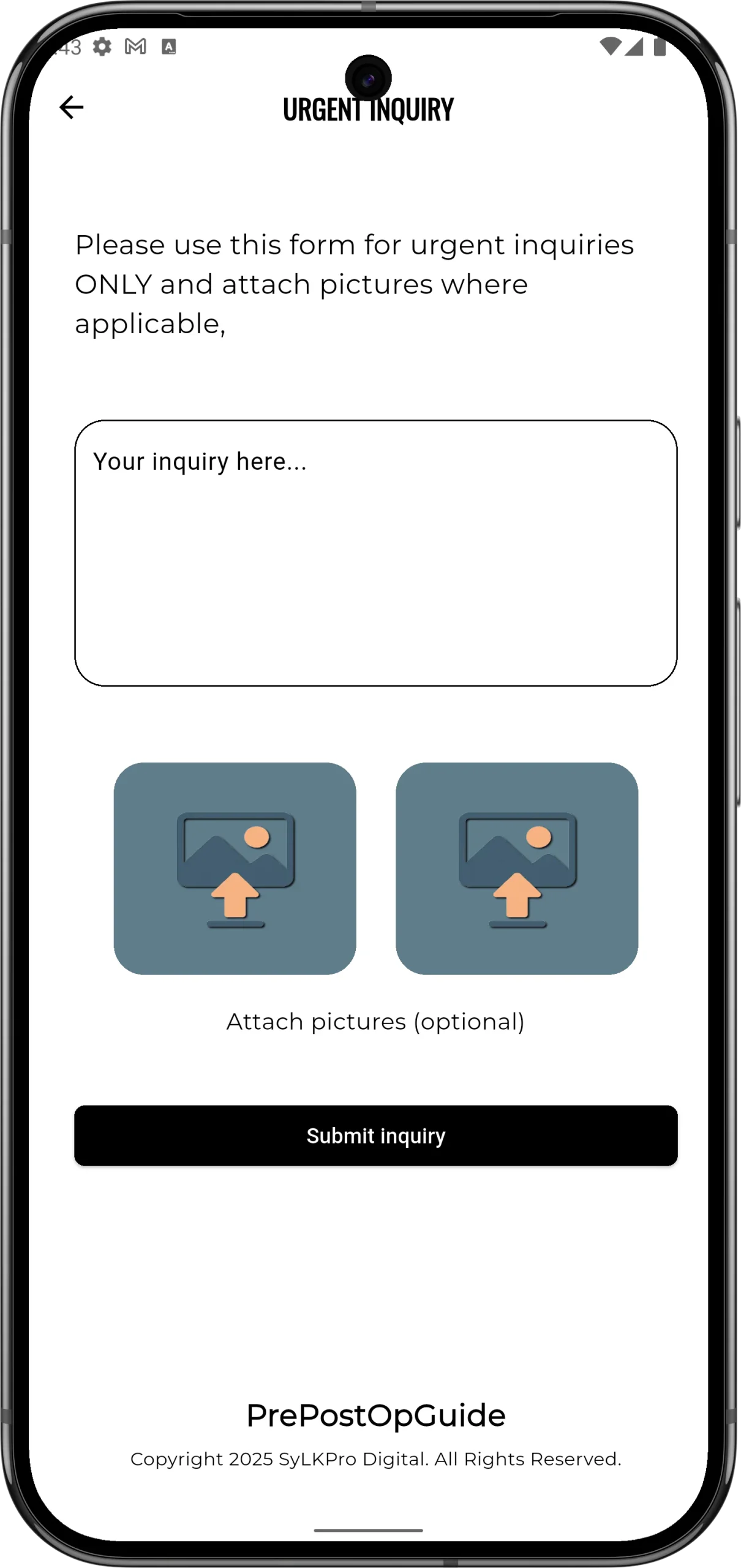 نموذج استفسار عاجل على تطبيق PrePostOpGuide، يتيح للمستخدمين إرسال استفساراتهم وإرفاق صور عند الحاجة، مع زر "إرسال الاستفسار" في الأسفل.